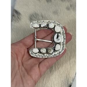 Native American Sterling Silver White Buffalo Belt Buckle Statement Hand Stamped